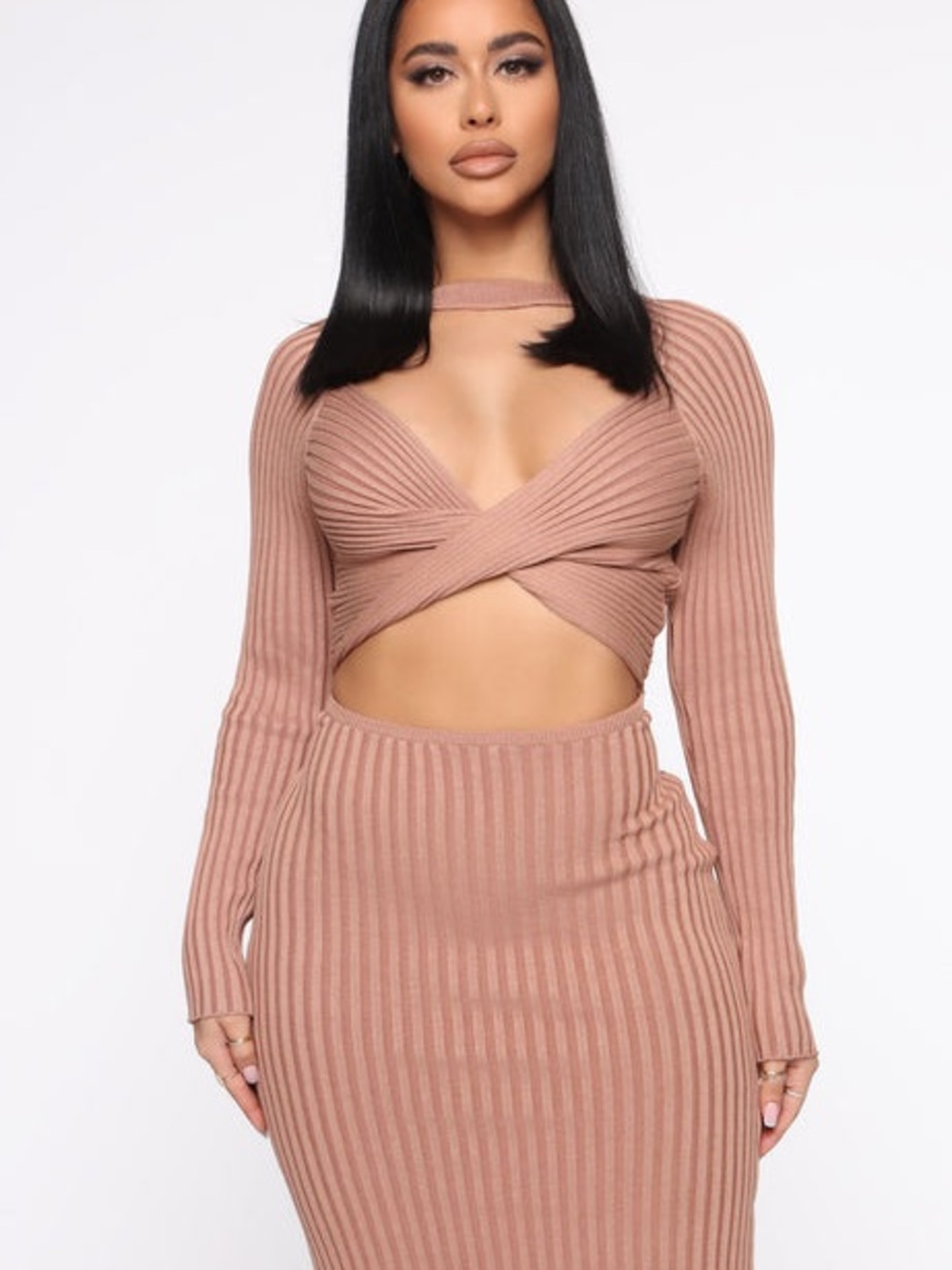 Fashion Nova Ribbed Long Sleeve Cutout Dress in Dusty Rose
